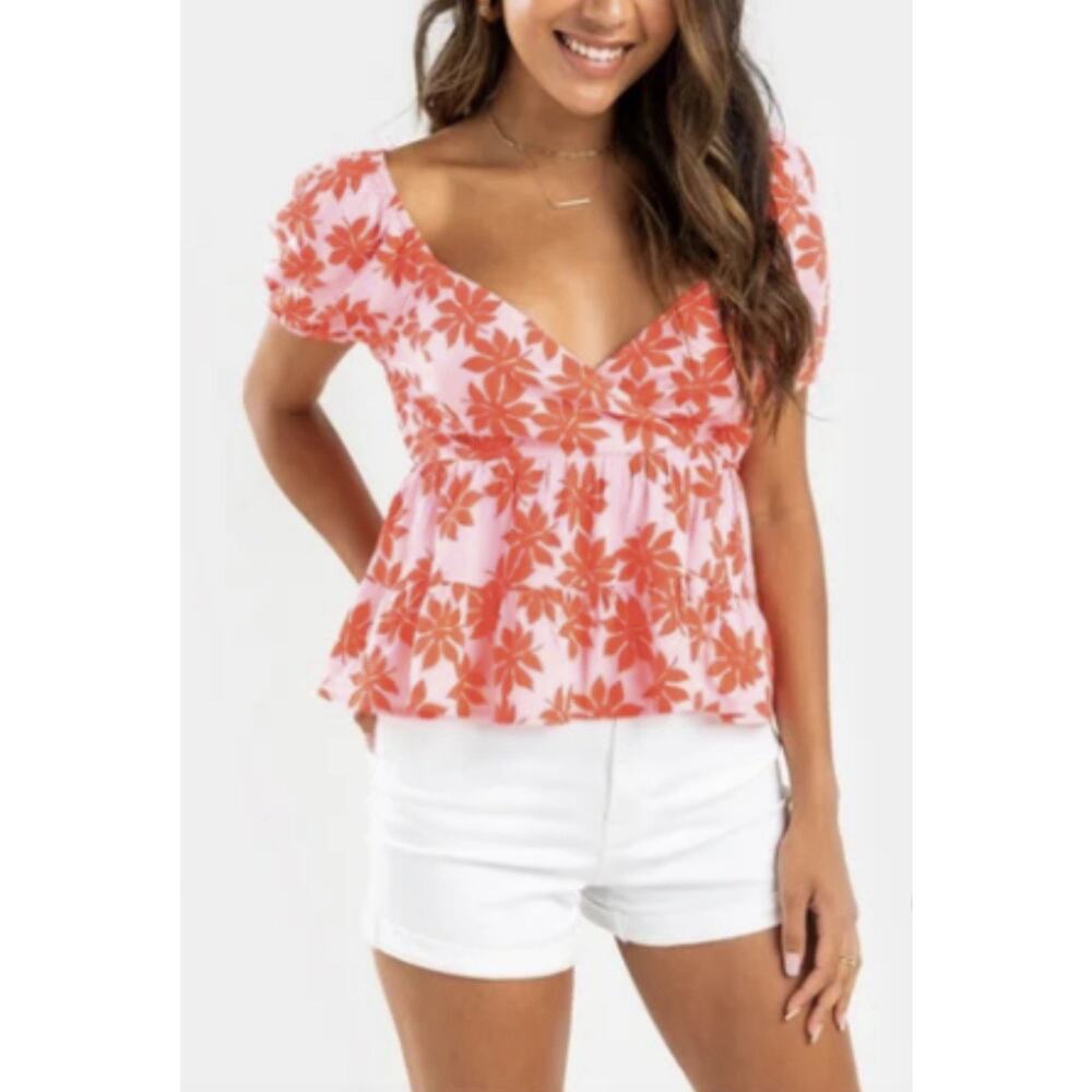 June & Ivy Babydoll Floral Top Pink Red Cottagecore Coquette Fairy Feminine M
